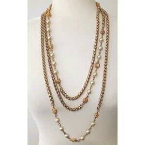 J Crew Rhinestone Faux Pearl Heavy Long Gold Tone Vintage Statement Necklace 46"